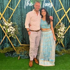 Turquoise and Gold Net Lehenga